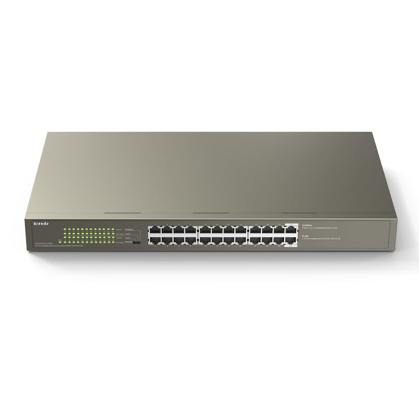 Tenda TEG1124P, 24 Port PoE Switch Gigabit with 24 x PoE+ @ 250W, Unmanaged Desktop/ Rackmount PoE Switch 24 Port, Plug & Play, Fan-Less Metal Design
