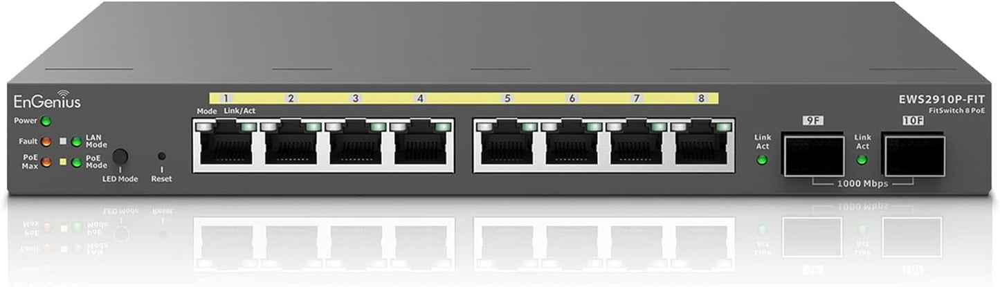 EnGenius Fit EWS2910P-FIT 8-Port Gigabit PoE Managed Switch - 55W Power Budget, Layer 2+ Management, SFP Uplinks for Small Business Networks