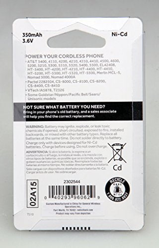 RadioShack 3.6V 350mAh Ni-Cd Cordless Phone Battery (Replaces 23-197, 23-896, HHR-P303, 80-5074-00-00, CPB-403D)