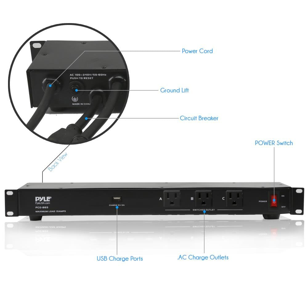 Pyle 19 Outlet 1U 19" Rackmount PDU Power Distribution Supply Center Conditioner Strip Unit Surge Protector 15 Amp Circuit Breaker USB Multi Device