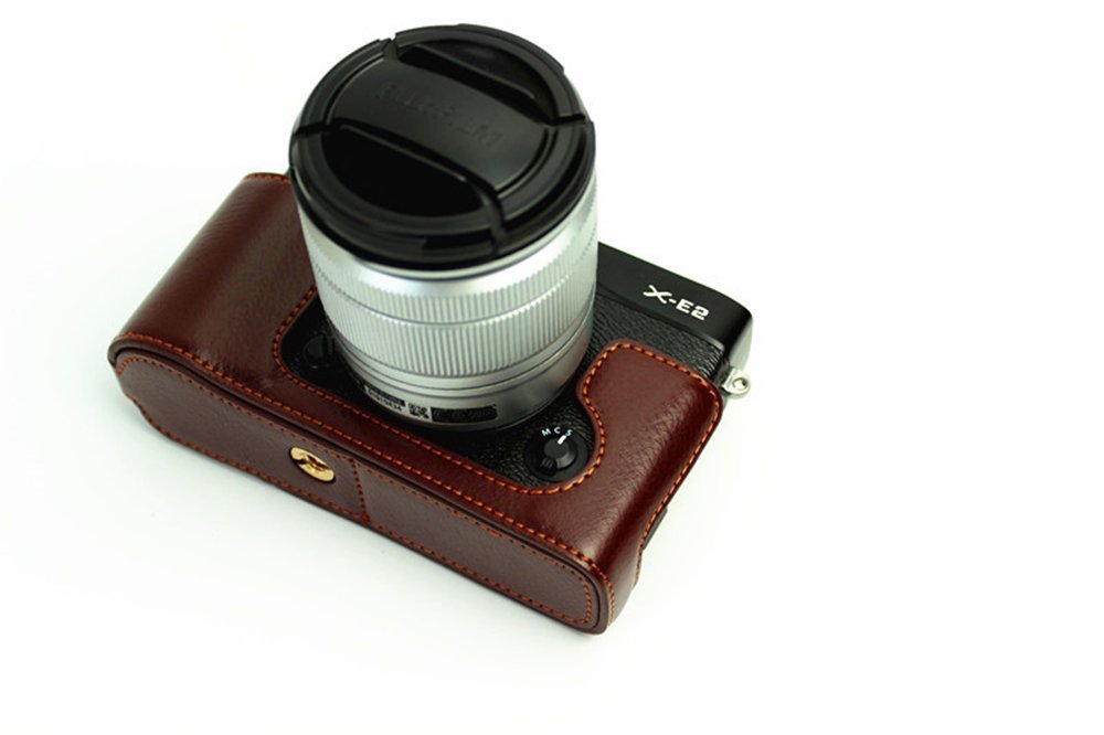 XE1 Case, BolinUS Handmade Genuine Real Leather Half Camera Case Bag Cover for Fujifilm Fuji XE1 X-E1 XE2 X-E2 Opening Version + Hand Strap -Coffee