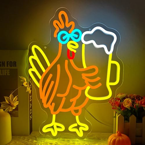 Taaneyo Beer Cock Neon Sign Funny Rooster Neon Light for Wall Decor Man Cave, Dimmable Beer Chicken for Bar Pub Club, Birthday Christmas Thanksgiving