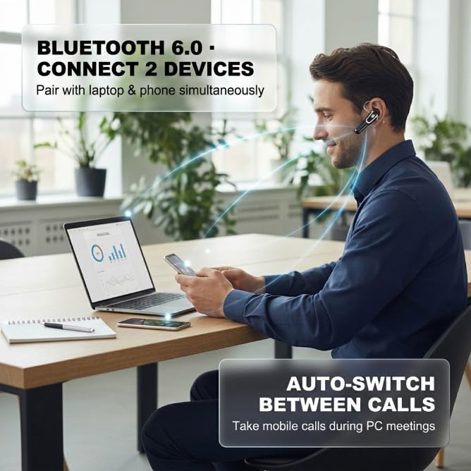 Bluetooth Earpiece Headset V6.0 with Noise Cancelling & 38 Hours Talk Time - Trucker Handsfree Earpiece, Dual Device Pairing, Single Ear Wireless