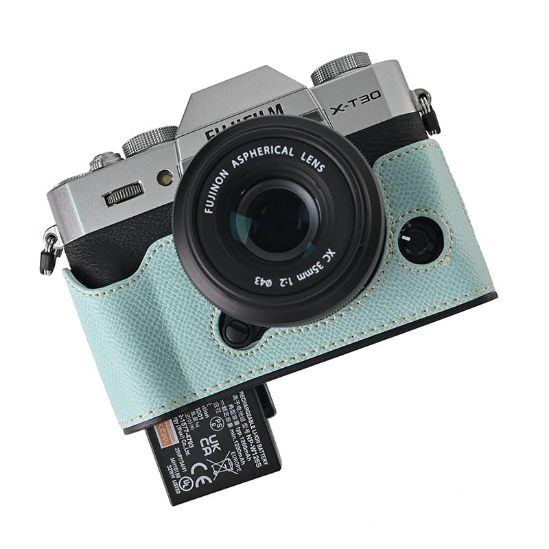 X-T30 Case, BMAOLLONGB Handmade PU Leather Half Camera Case Bag Cover Bottom Opening Version for Fujifilm X-T30 XT30 with Hand Strap (Blue)