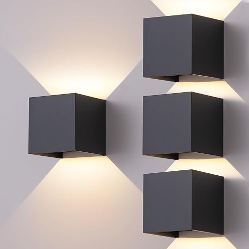 BYHOIY 4 Pack Outdoor Wall Sconces, Modern Square Up and Down Exterior Wall Lights, 12W LED Porch Light Fixtures, IP65 Waterproof Black Wall Mount