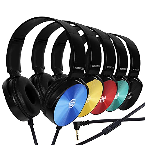 Premium Classroom Headphone with Microphone (5 Pack) - Kids Wired Earphones with Mic for School Students K-12 & Teachers, Soft Swivel On Ear Pads…