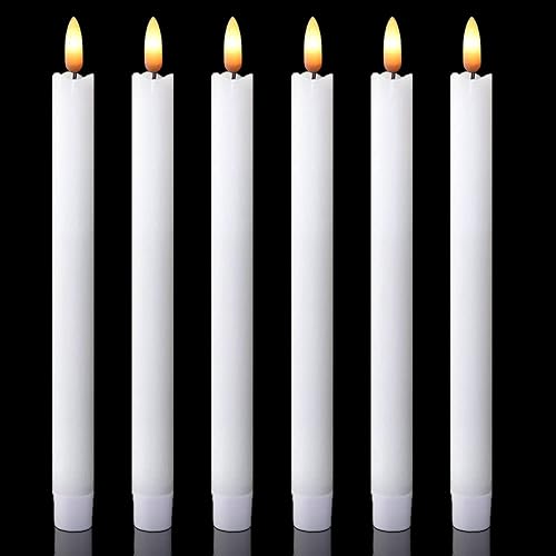 DRomance White Flameless Taper Candles Battery Operated with 6H Timer, Real Wax 3D Wick Flickering LED Taper Candles Dinner Wedding Holiday Decor(6