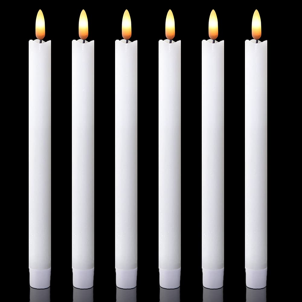 DRomance White Flameless Taper Candles Battery Operated with 6H Timer, Real Wax 3D Wick Flickering LED Taper Candles Dinner Wedding Holiday Decor(6