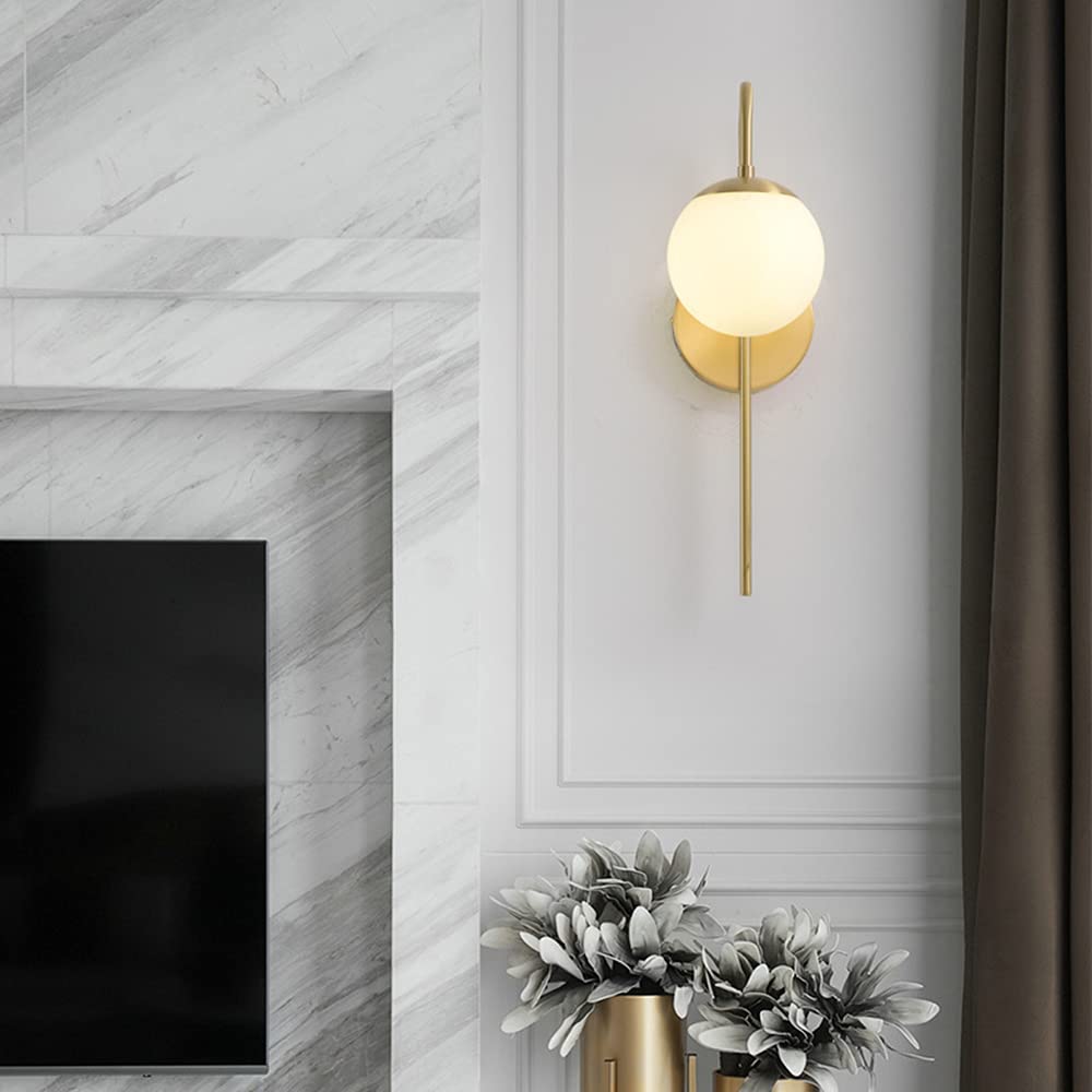 Aeyee Mid-Century Wall Sconce Lighting Modern Brass Wall lamp Gooseneck Arm Wall Light Fixture with Glass Globe Shade