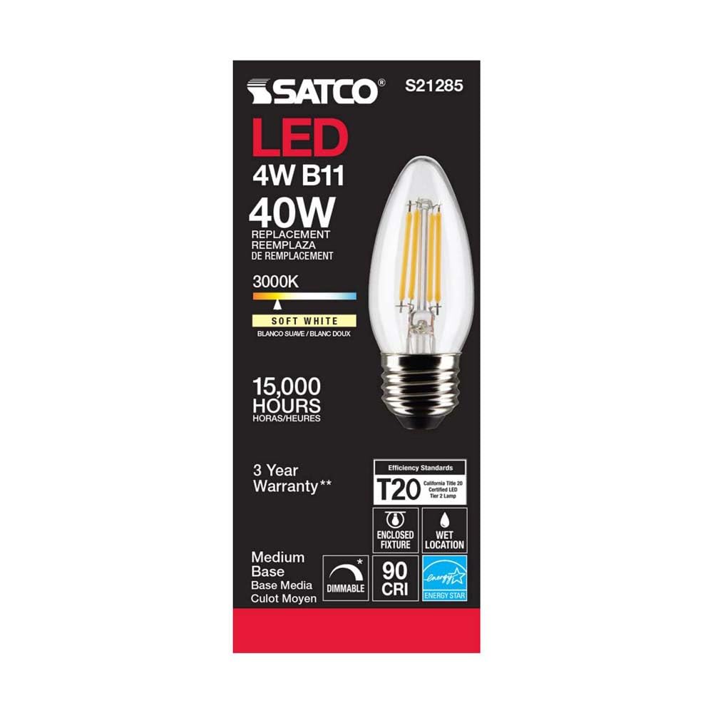 Satco S21285 4W LED Filament B11 Candle Light Bulbs, 3000K Soft White, 350 Lumen, E26 Medium Base, Clear Finish, Dimmable, Wet Location, 120V, 6 Pack