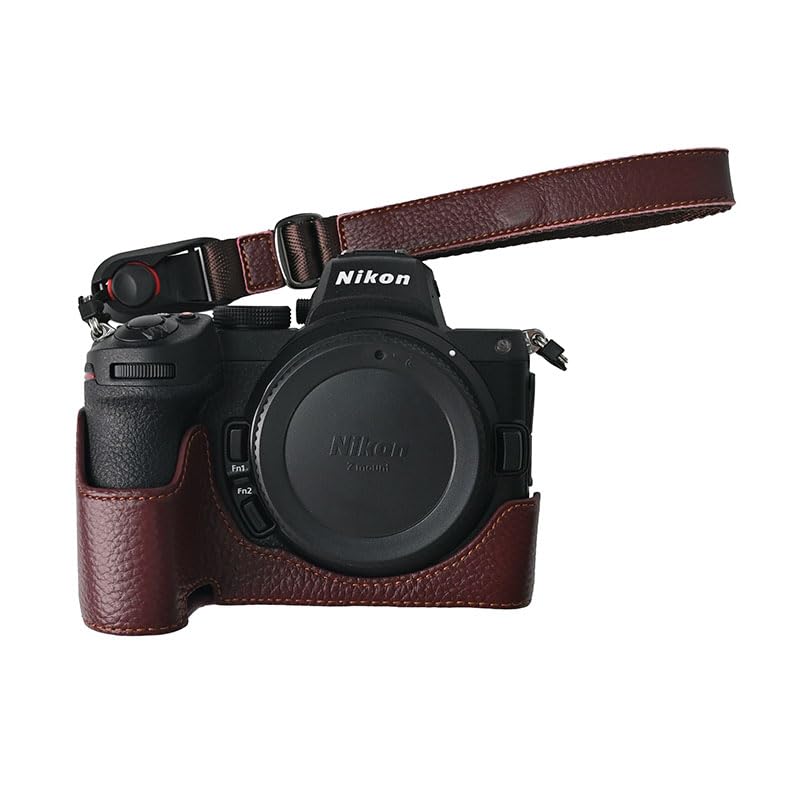 BMAOLLONGB Z6 II Case, Handmade Genuine Real Leather Half Camera Case Bag Cover for Nikon Z5/Z5 II/Z6/Z6 II Bottom Opening Version + Hand Strap