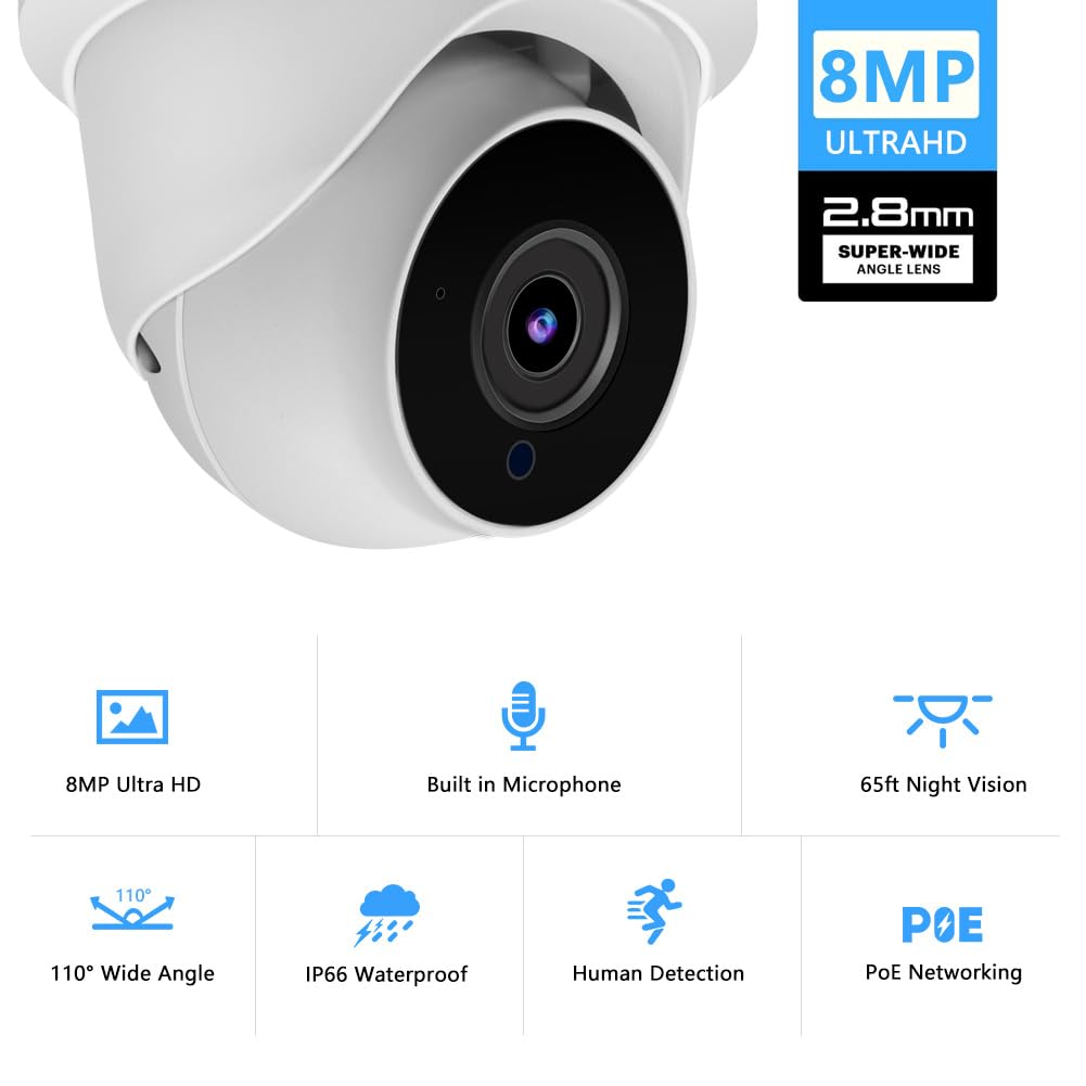 Vonnision 4K 8MP Security PoE IP Camera 80ft IR Night Vision Turret Dome Camera Outdoor with Microphone/Audio?2.8mm Fixed Lens?110°Wide Angle?IP66