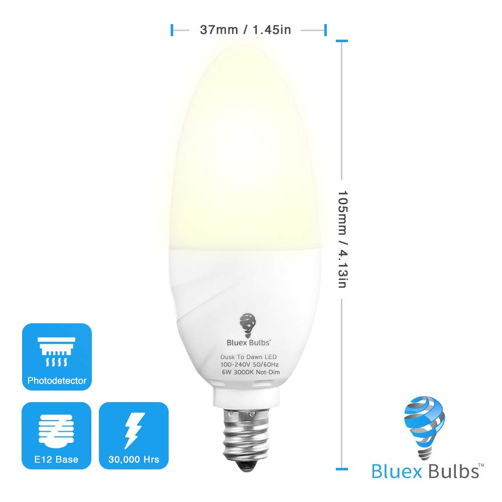 6 Pack BlueX Dusk to Dawn LED Bulbs, 6W E12 Base Light Bulb - 65W Equivalent - 3000K WarmLight White - Smart Light Sensor Candelabra Bulb, Home