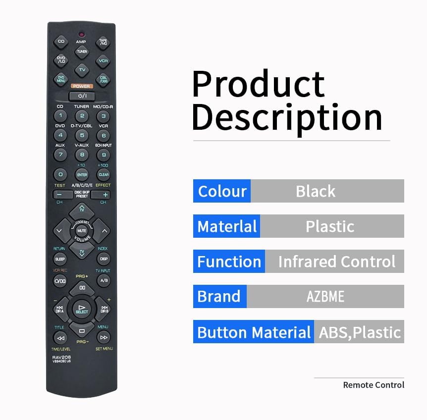 RAV206 V694090 Replacement Remote Control for Yamaha Audio/Video AV Receiver RXV-420 RXV-420RDS RXV-520 RXV-520RDS YHT-18 YHT-24 YHT-34 HTR-5440