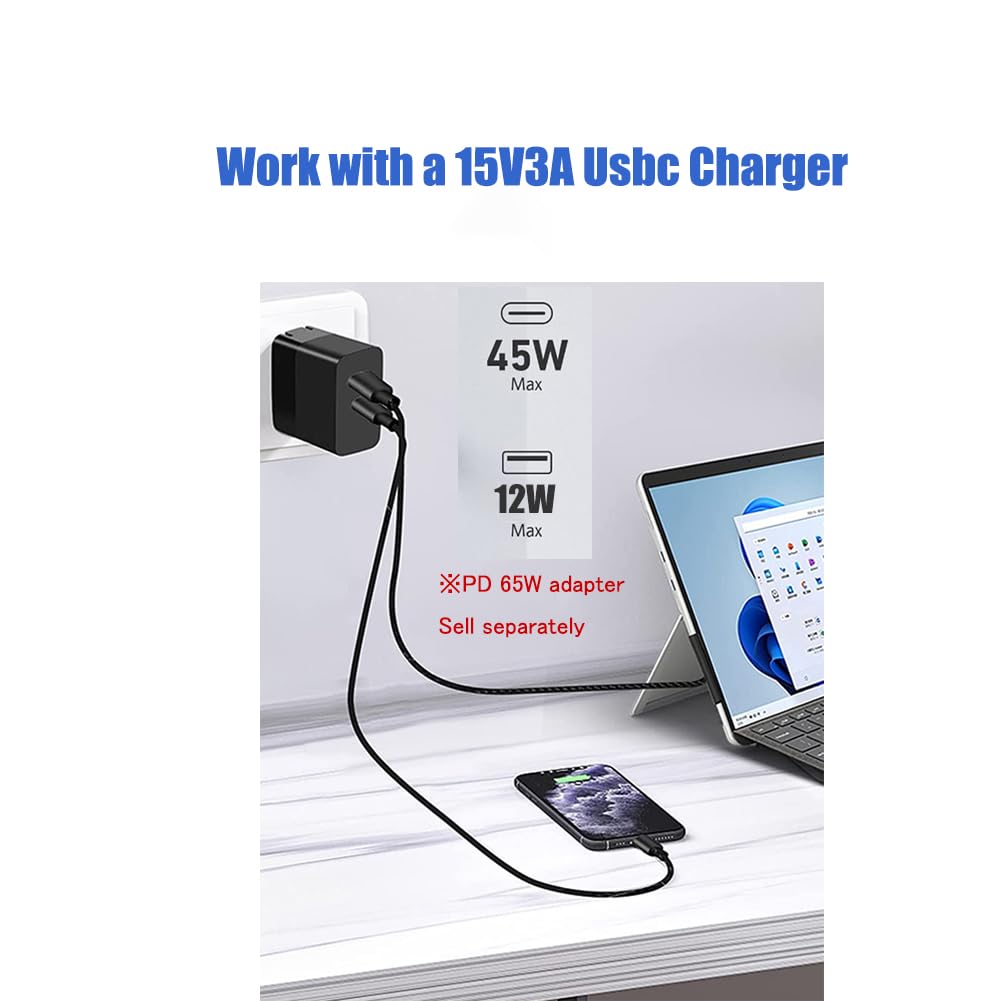 Microsoft Surface USB-C Charging Cable - 15V/3A Compatible with Surface Pro 3/4/5/6/7, Laptop 3/2/1, Go, Book1/2/3 - 1.8M