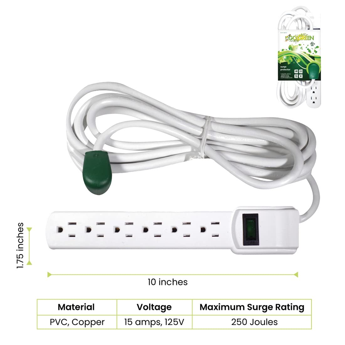 Go Green Power Inc. 12ft Surge Protector with 6 Outlets - Heavy Duty, Circuit Breaker, Mountable - Sleek Design Perfect for Home & Office