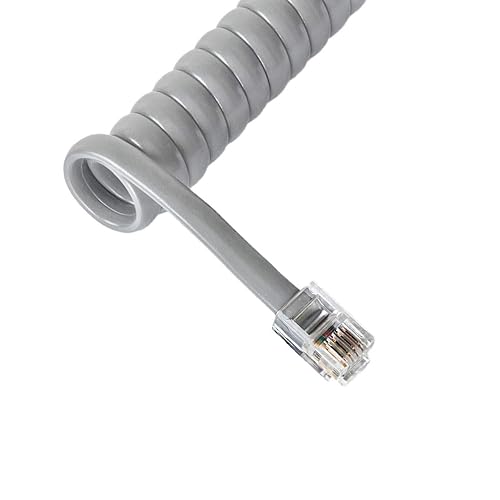 Cablesys Coiled Telephone Handset Cord for Use with PBX Phone Systems, VoIP Telephones - 25 Ft Uncoiled, Rj22, 1.5 Inch Lead on Both Ends, Light Gray