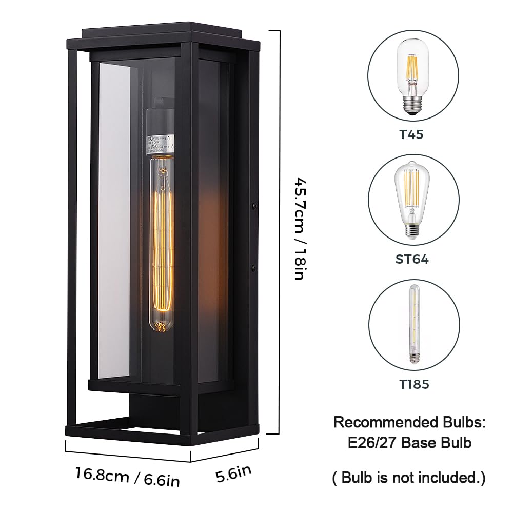 Cerdeco 18” Modern Outdoor Wall Sconce with Rectangular Metal Frame and Transparent Glass Shade,Black Outdoor Lighting for Garage Porch Patio Pack