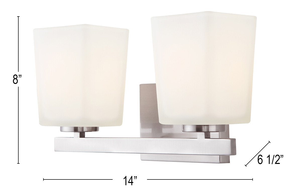 Canarm Hartley 2-Light Vanity Light in Brushed Nickel with Flat Opal Glass - Modern Bathroom or Powder Room Wall Fixture