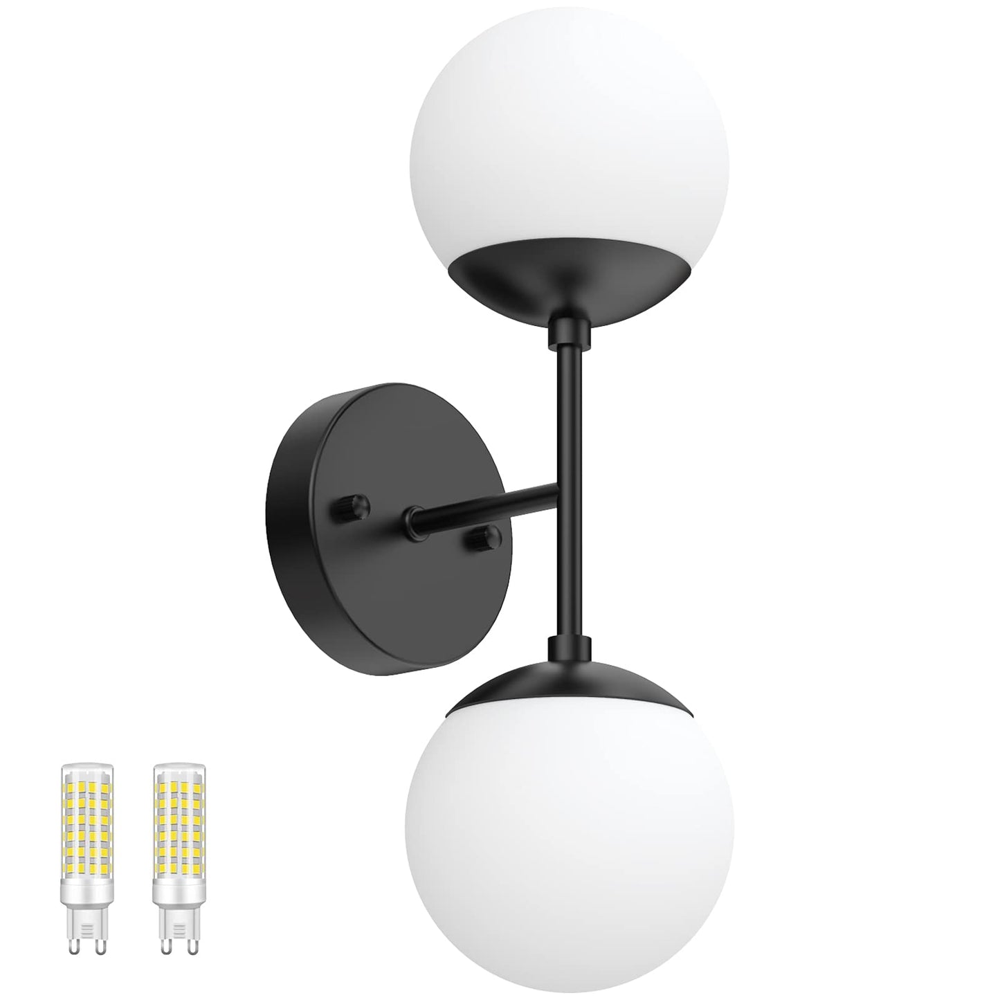 Tipace Black Wall Sconce 2 Lights,Black Sconce Light,Modern Globe Wall Light 2 Lights for Restaurant Living Room Bedside Stairs Bathroom Mirror(6000K