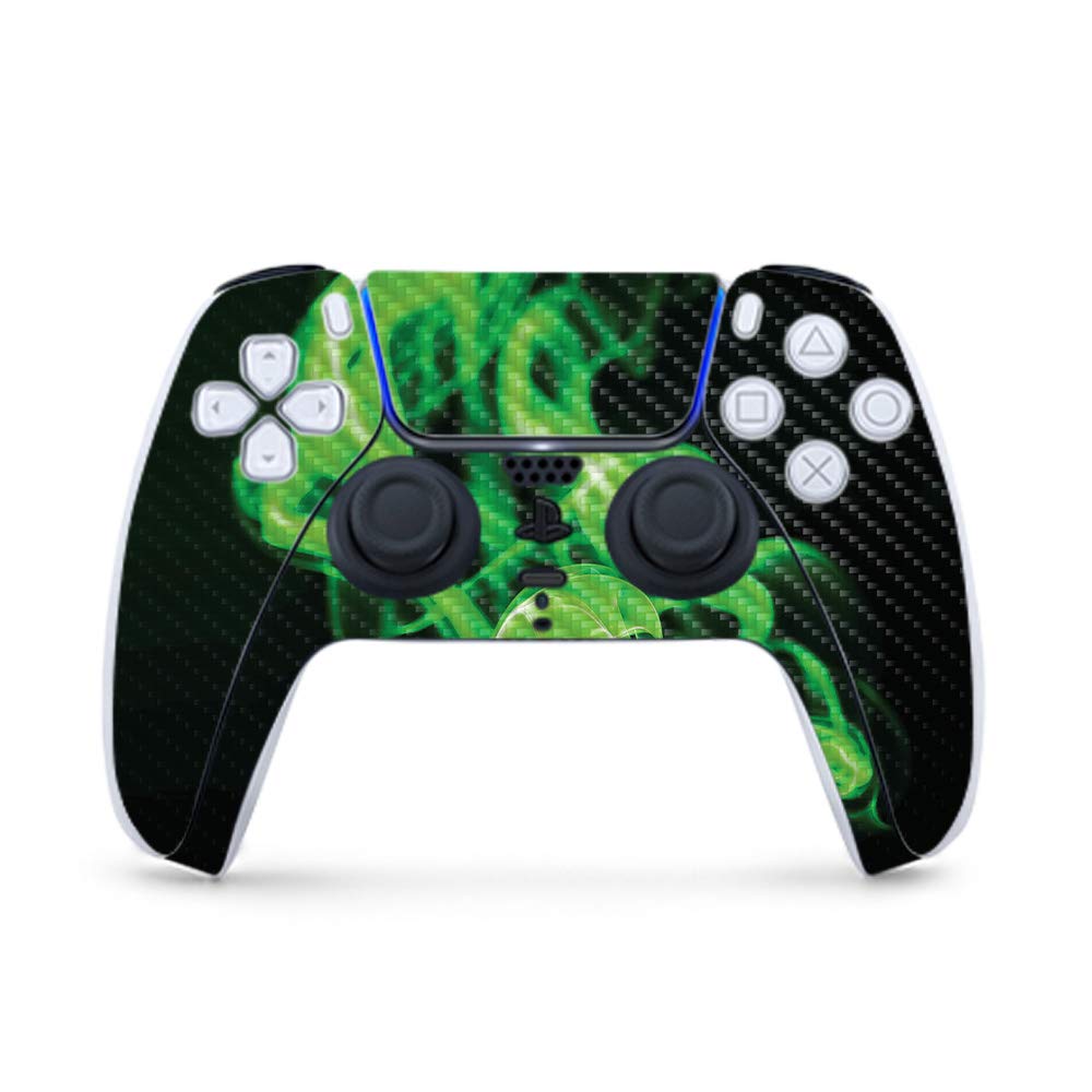 MightySkins Carbon Fiber Gaming Skin for PS5 / PlayStation 5 Controller - Green Flames | Durable Textured Carbon Fiber Finish | Easy to Apply