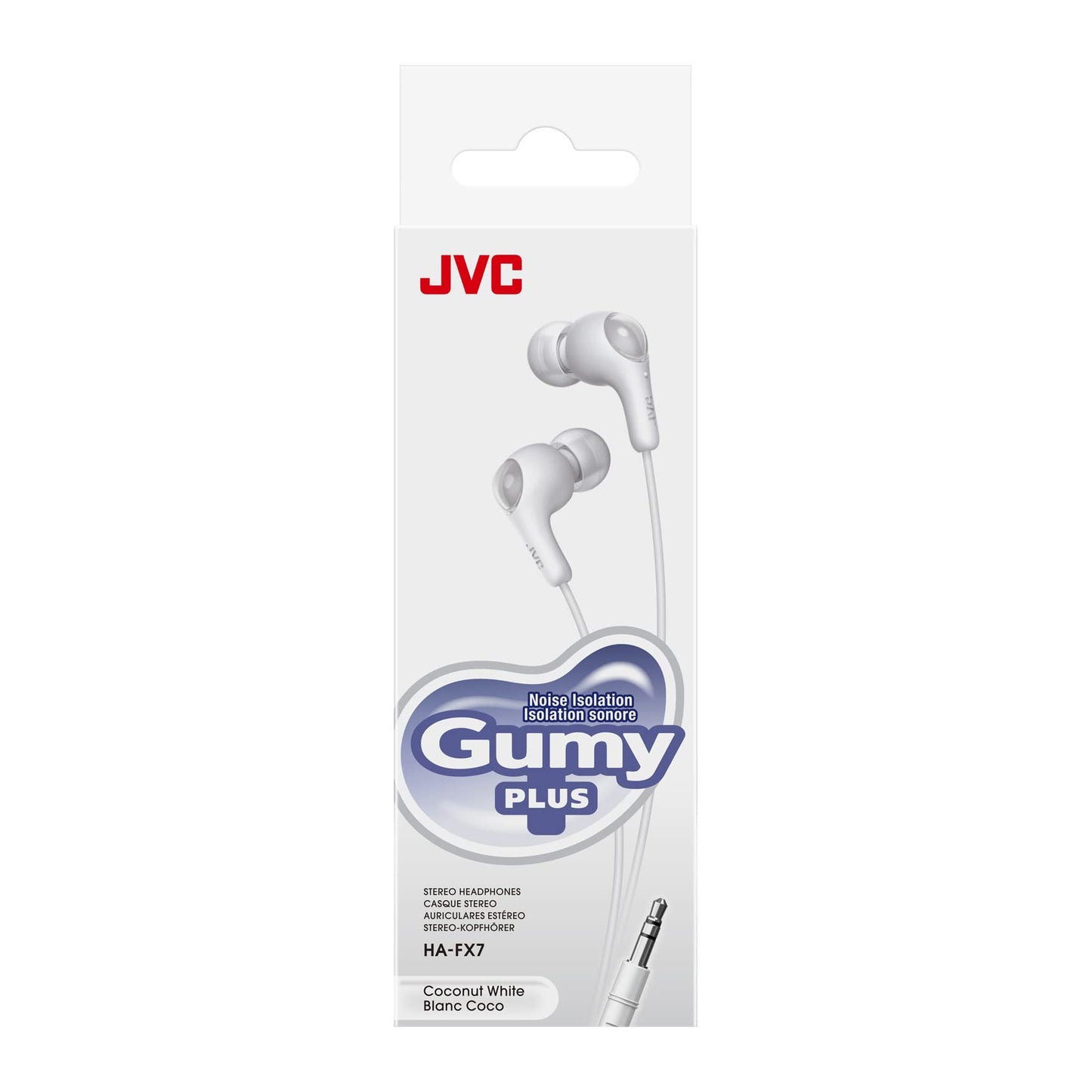 JVC Gumy in Ear Earbud Headphones with Paper Package, Powerful Sound, Comfortable and Secure Fit, Silicone Ear Pieces S/M/L - HAFX7WN (White)