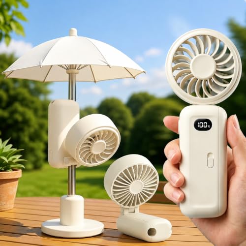 Savepe Portable Mini Clip-on Fan, 5 Wind Speeds, 180° Adjustable, Foldable, 6-Hour Battery, USB-C, for Umbrella, Travel, Beach, Camping
