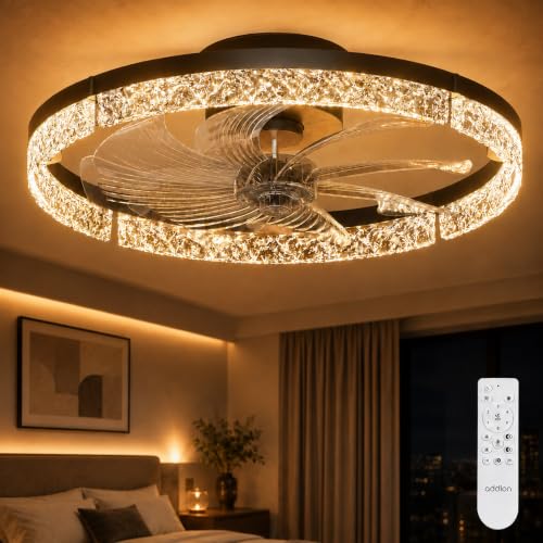 Garvee 20'' Ceiling Fan with Lights, Low Profile Crystal Flush Mount Fan