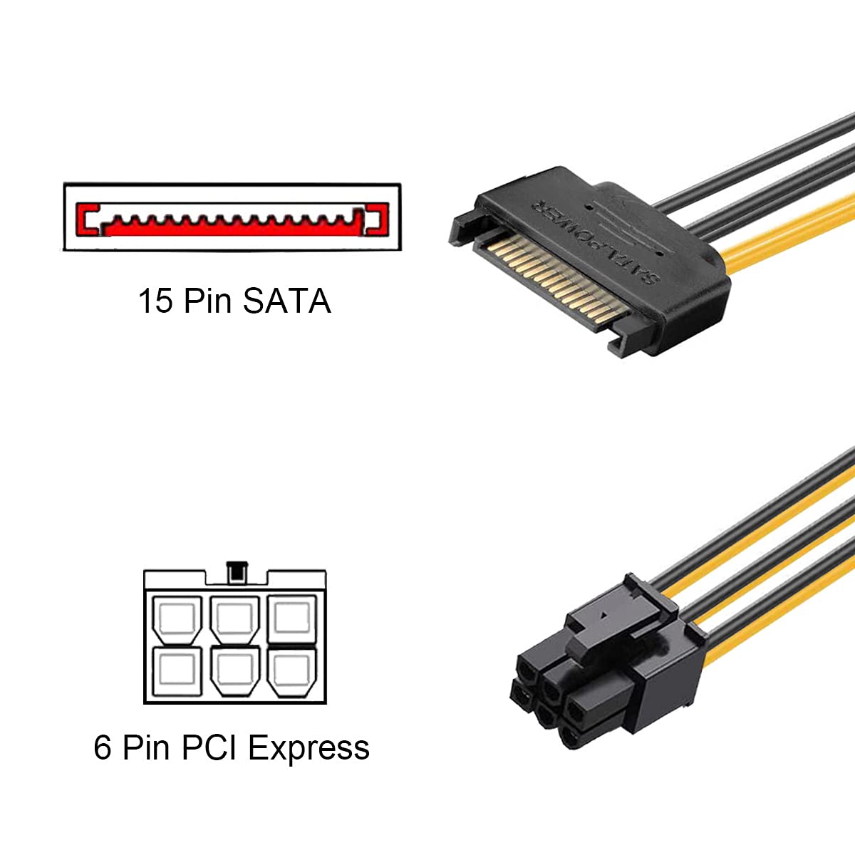 DKARDU 10 Pack SATA Power Cable 15 Pin to 6 Pin PCI Express PCI-E for Graphics Video Card Power Cable Adapter Computer Host, SATA Male to 6 Pin Female