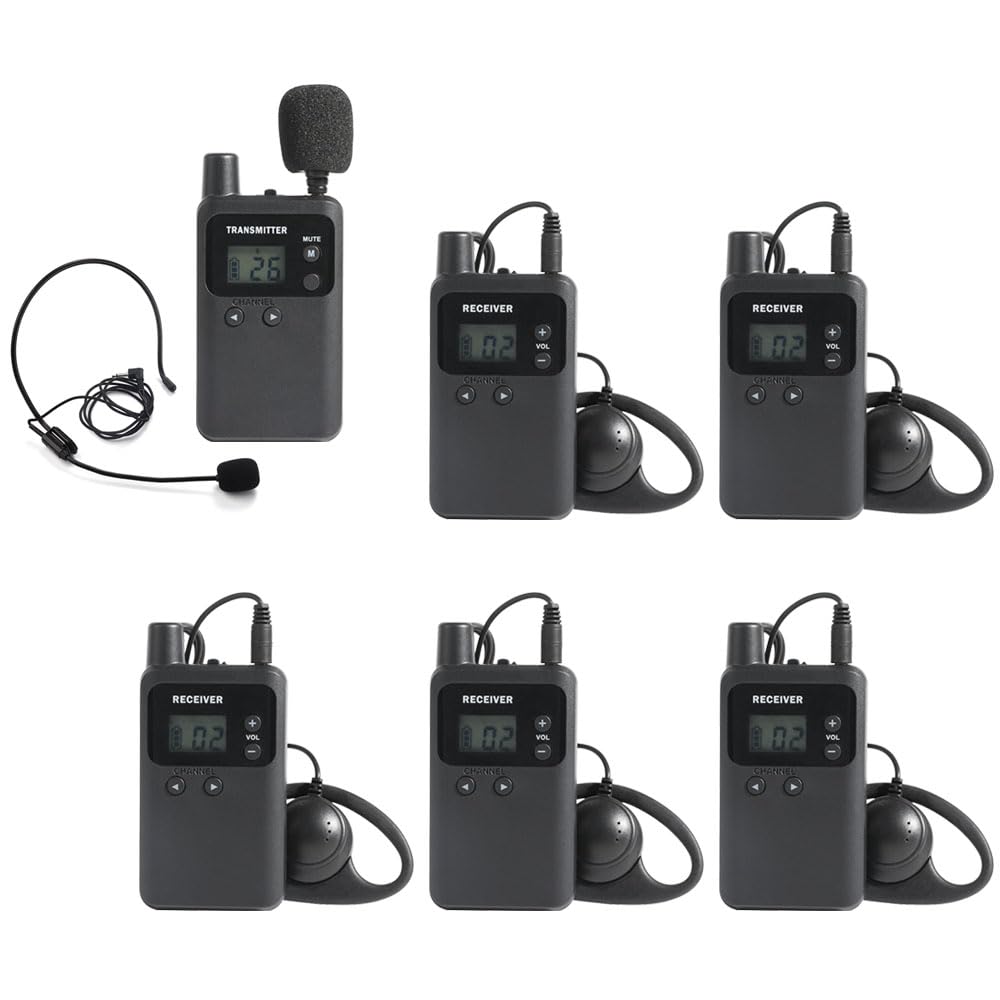 AGJ Wireless Tour Guide System, Tour Guide Microphone, Tour Guide Headsets 1 Transmitter 5 Receivers Assisted Listening Simultaneous Interpretation