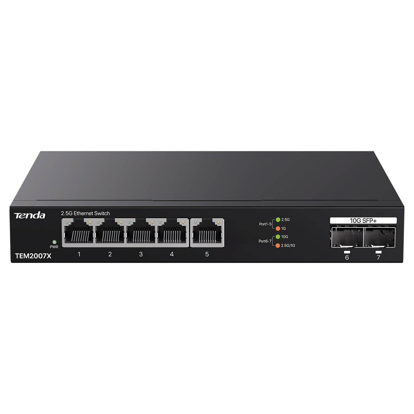 Tenda 2.5Gb Switch, 7-Port Ethernet Switch, 5 x 2.5G Ports + 2 x 10Gb SFP+ Slots, 50Gbps Switching Capacity, Plug & Play Unmanaged Ethernet Splitter