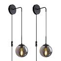 KUZZULL Wall Sconces Set of Two Matte Black Wall Lights for Bedroom Plug in Wall Sconces Set of 2 with Globe Smoke Grey Glass Shade Wall Lamp