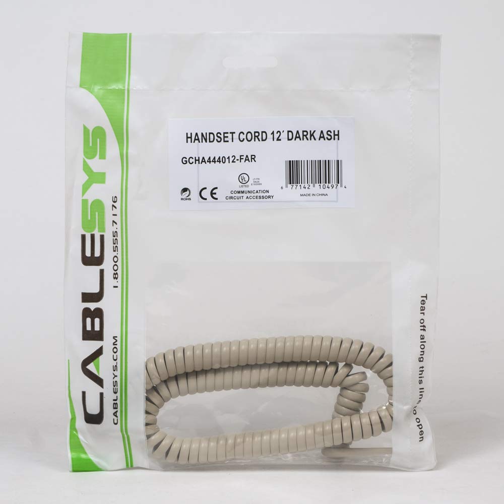 Cablesys ICC Coiled Telephone Handset Cord for Use with PBX Phone Systems, VoIP Telephones - 12 Ft Uncoiled, Rj22, 1.5 Inch Lead on Both Ends, Dark