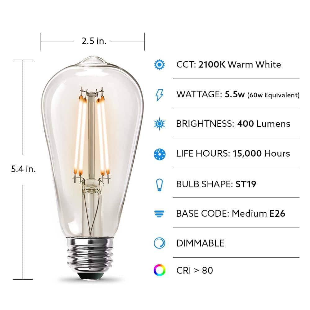 Feit Electric 60-Watt Equivalent ST19 Dimmable Straight Filament Clear Glass E26 Vintage Edison LED Light Bulb, Warm White - 4 Pack