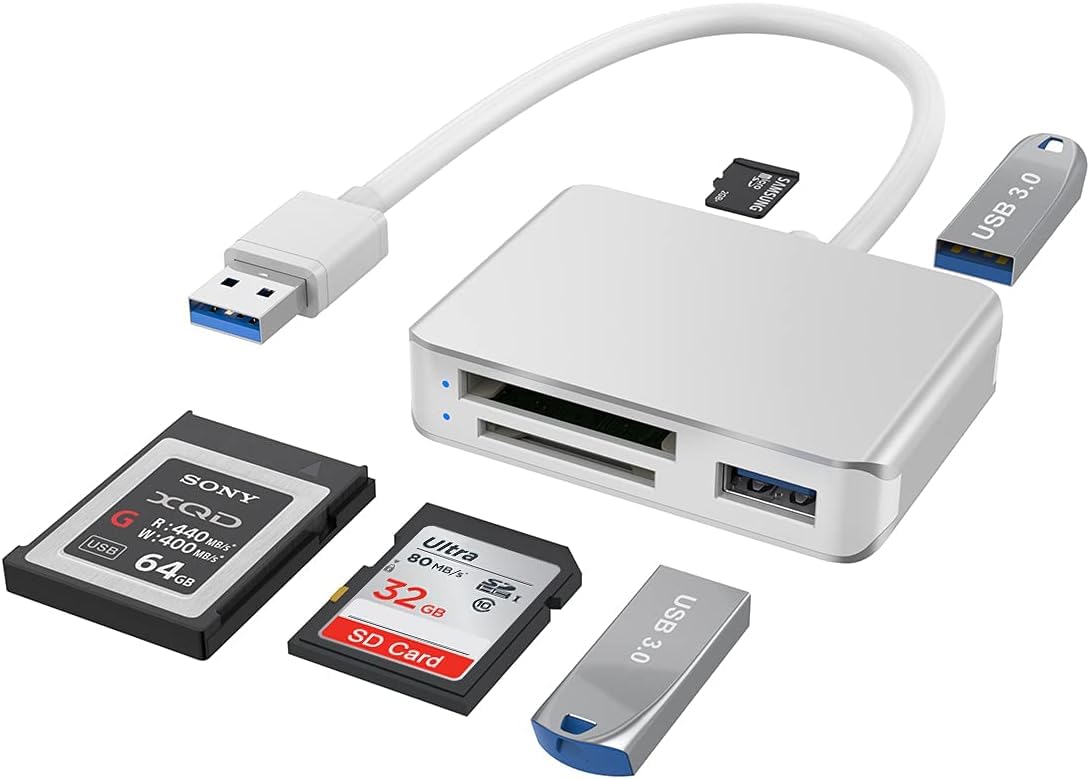 XQD/SD/Micro SD Card Reader, Memory Multi-Card Reader/Writer/Adapter with 2 USB3.0 Port, Support Sony G/M Series Lexar 2933x/1400x USB Mark XQD Card