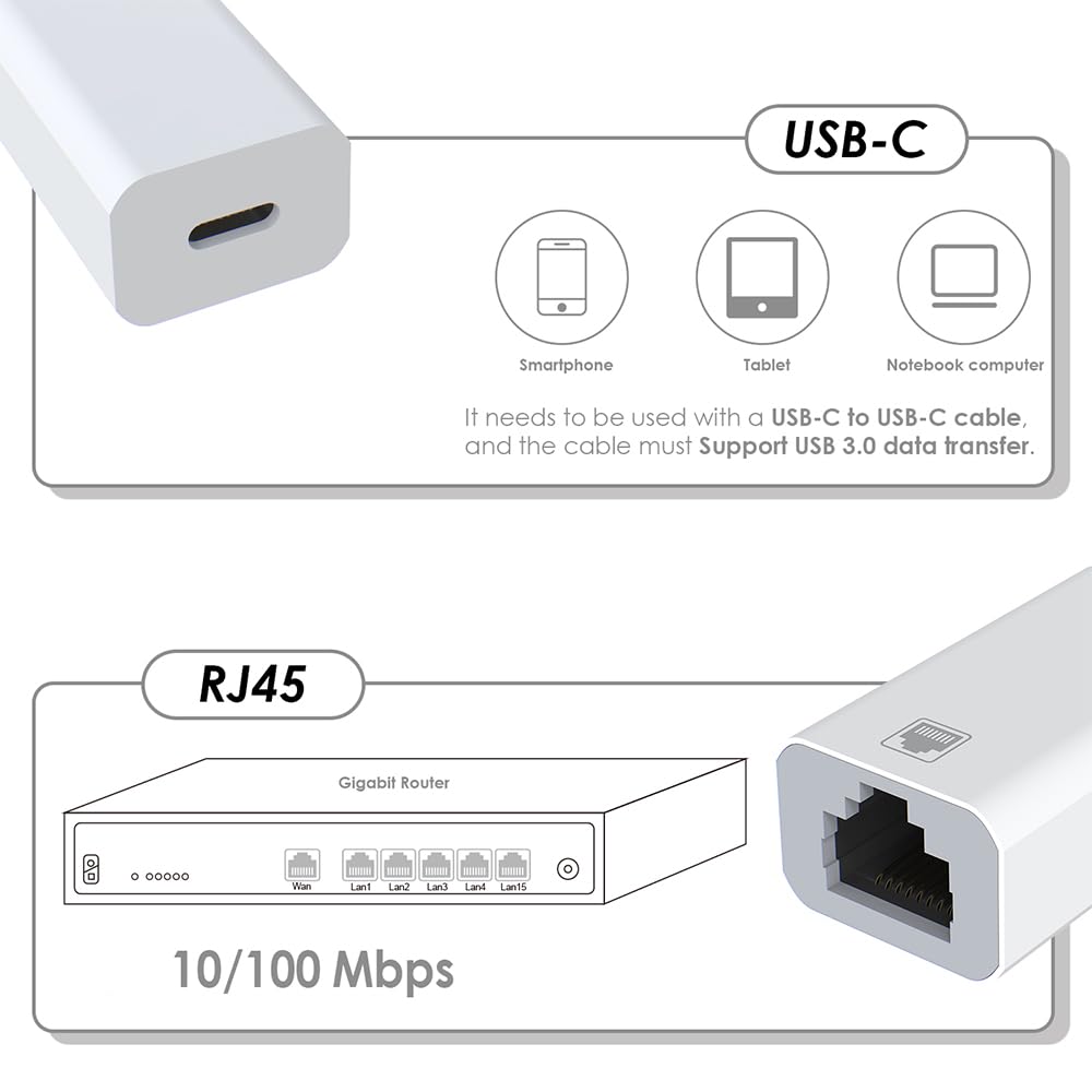 Magiclifee USB C to RJ45 Ethernet Adapter, Gigabit 100Mbps Network LAN Converter, USB-C Female to RJ45 Female Wired Ethernet Hub for Laptop PC Tablet