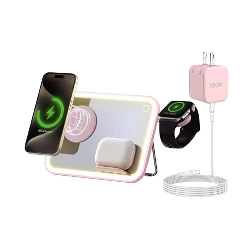 Tron 3 in 1 Qi Wireless Charger Mirror, Pink, Include led 6 ft Led Cable and 25w Power Adapter. Pink Color