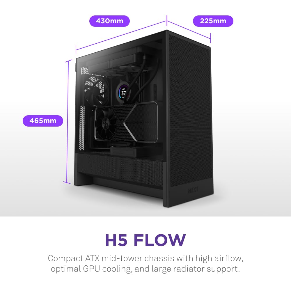 NZXT H5 Flow 2024 - Compact ATX Mid-Tower PC Gaming Case - High Airflow - 2 x 120mm Fans Included - 360mm Front & 240mm Top Radiator Support - Cable