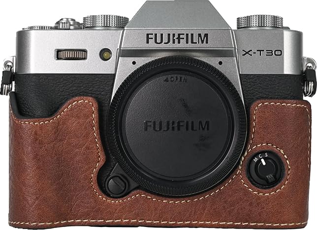 BMAOLLONGB X-T30 III Case, Handmade PU Litchi Leather Half Camera Case Bag Cover Bottom Opening Version for Fujifilm XT30 X-T30 III/II With Hand Strap