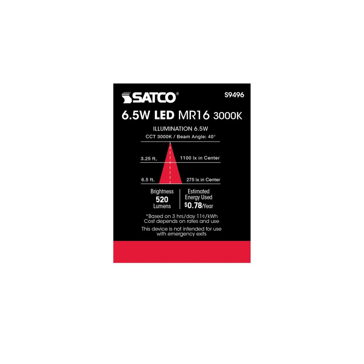 Satco Lighting 6.5 Watt Dimmable MR16 Low Voltage LED Light Bulbs - 3000K Soft White - 40 Degree Beam Angle - GU5.3 Base - 12 Volt AC/DC - 6 Pack