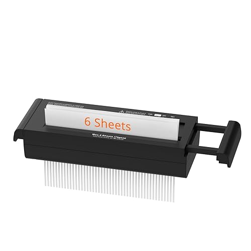 6-Sheet Strip Cut Paper for Home Office, Small Paper Shredder with Auto-Off Compact, Portable Design, No Basket, Extendable Arm, Black