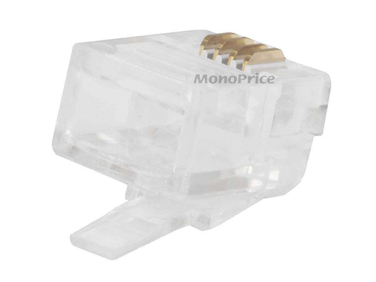 Monoprice 6P4C RJ11 Modular Plugs for Round Solid Cable - Crimp On, 1U, 3 Prongs, 4 Conductor, Clear, 50-Pack