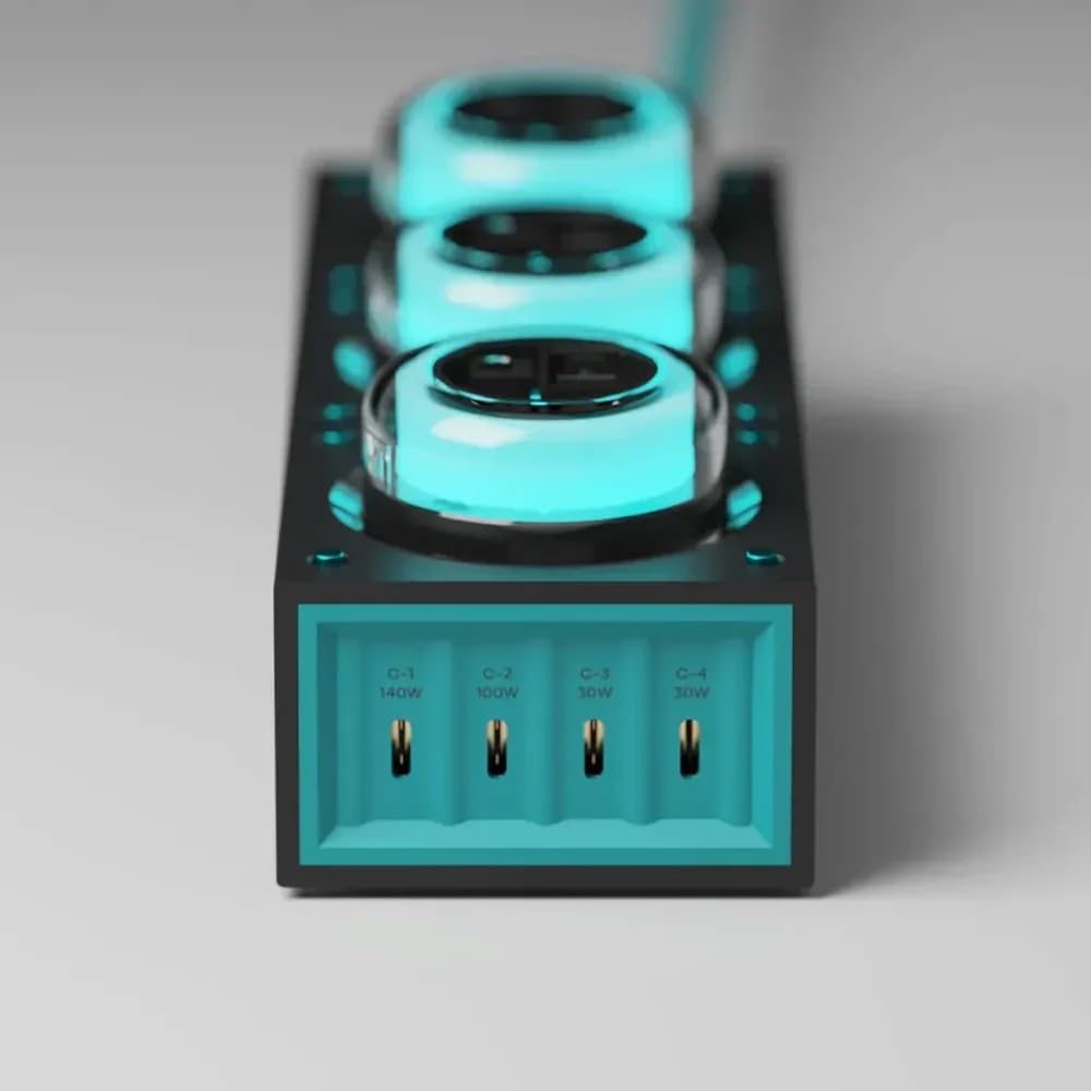 GENKI Moonbase 240W GaN Desktop Charger, Power Strip 7-Port Power Hub with 3 AC Outlets & 4 USB-C Ports (140W Max), Compact Design