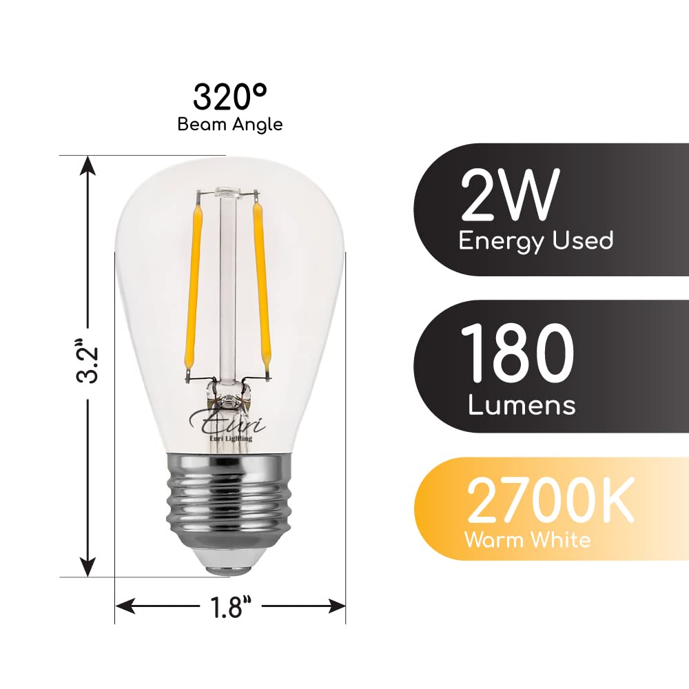 Euri Lighting ES14-2W1120, Non-Dimmable S14 Filament for String Lights, 2W (25W Equal), Warm White (2700K),180lm, 80CRI, E26, Wet & Enclosed Rated,15K
