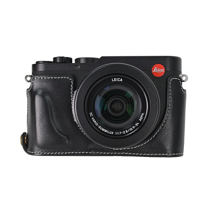 BMAOLLONGB D-Lux 8 Case, Handmade Genuine Real Leather Half Camera Case Bag Lens Cover for Leica D-Lux 8 Bottom Opening Neck Strap (Black)