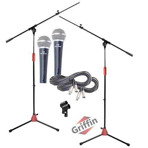 GRIFFIN 2 Pack Mic Boom Stands (StageLOCK Series) with Cardioid Microphones, XLR Cables & Clips - Telescoping Arm, Tripod Mount - Studio, Karaoke