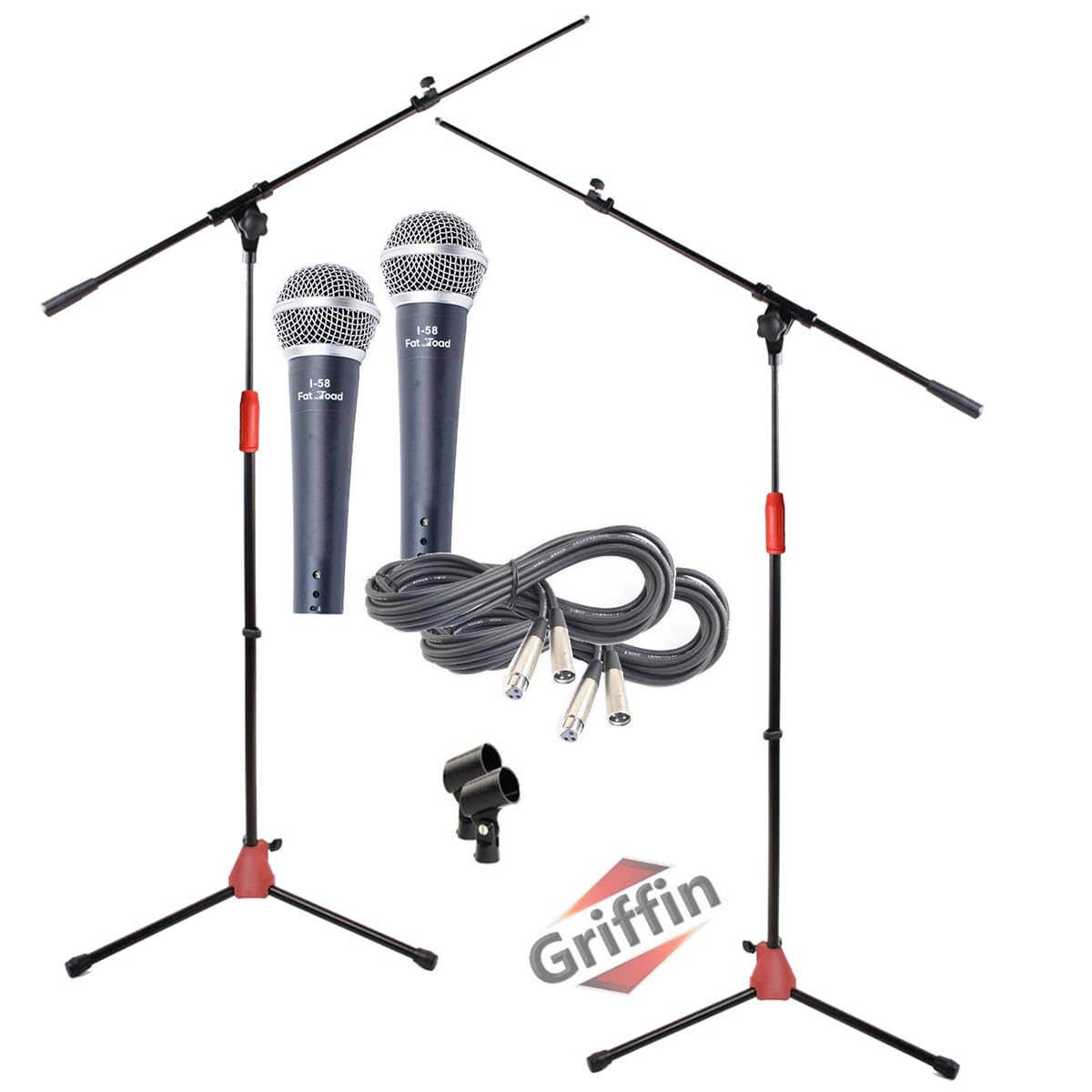 GRIFFIN 2 Pack Mic Boom Stands (StageLOCK Series) with Cardioid Microphones, XLR Cables & Clips - Telescoping Arm, Tripod Mount - Studio, Karaoke