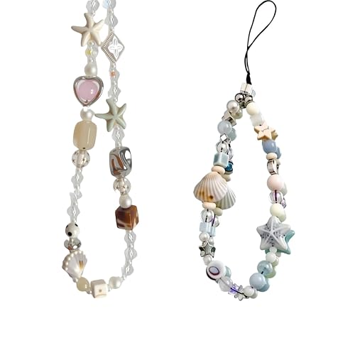 Hujnagh 2 Pcs Phone Charm Strap, Beach Style Beaded Lanyard for Phone Camera Wrist Strap, Starfish Heart and Shell Starfish Design, Cute Wrist Charm