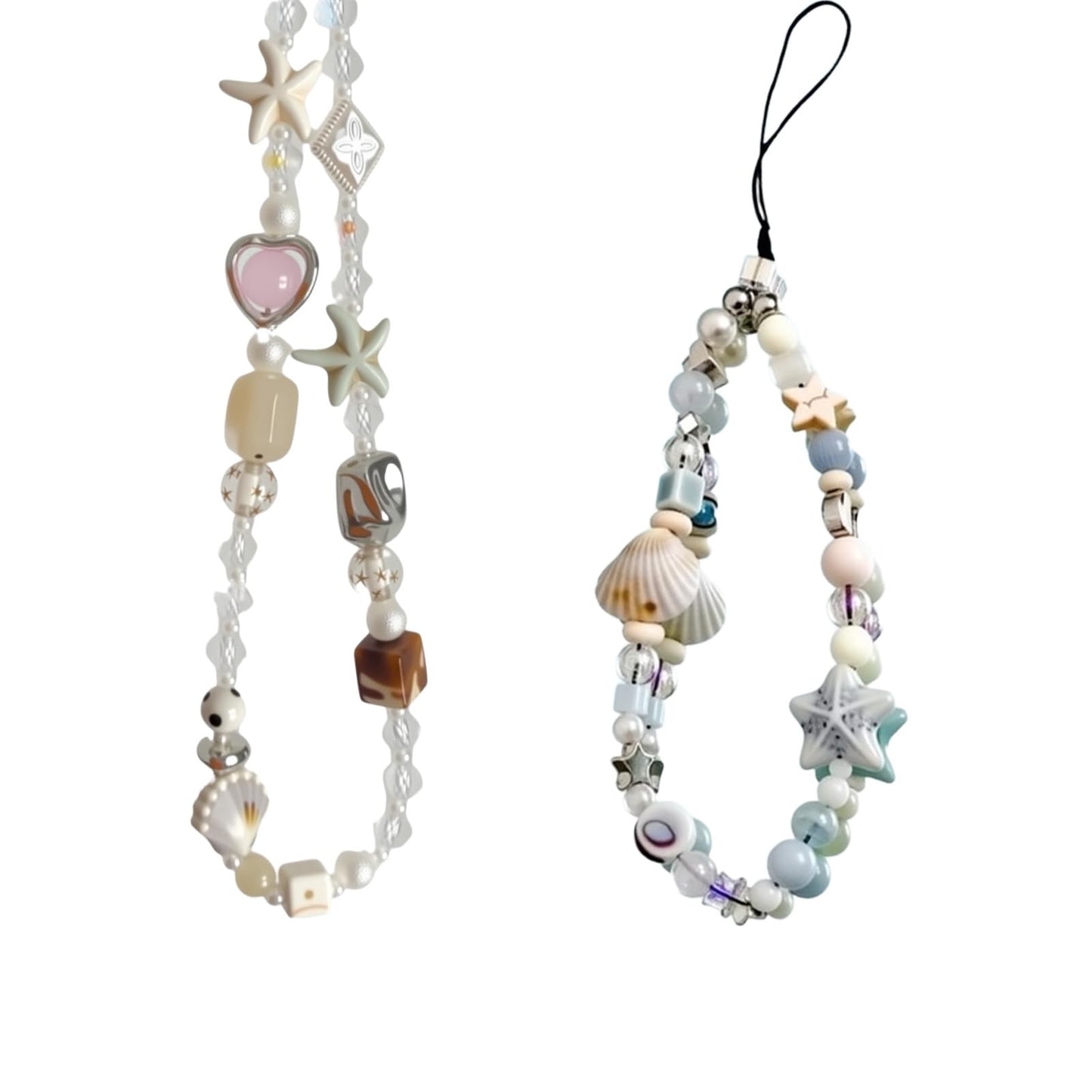 Hujnagh 2 Pcs Phone Charm Strap, Beach Style Beaded Lanyard for Phone Camera Wrist Strap, Starfish Heart and Shell Starfish Design, Cute Wrist Charm