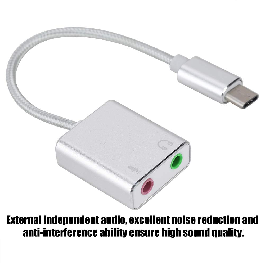 External Sound Card, Aluminum Alloy Type C Stereo Audio Adapter, 3.5mm for Mobile Phone Computer Live Broadcast